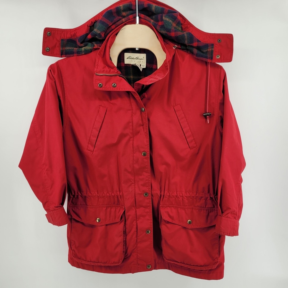 Eddie Bauer‎ Red Plaid Field Jacket Womens Large Wool Lined Vintage Raincoat